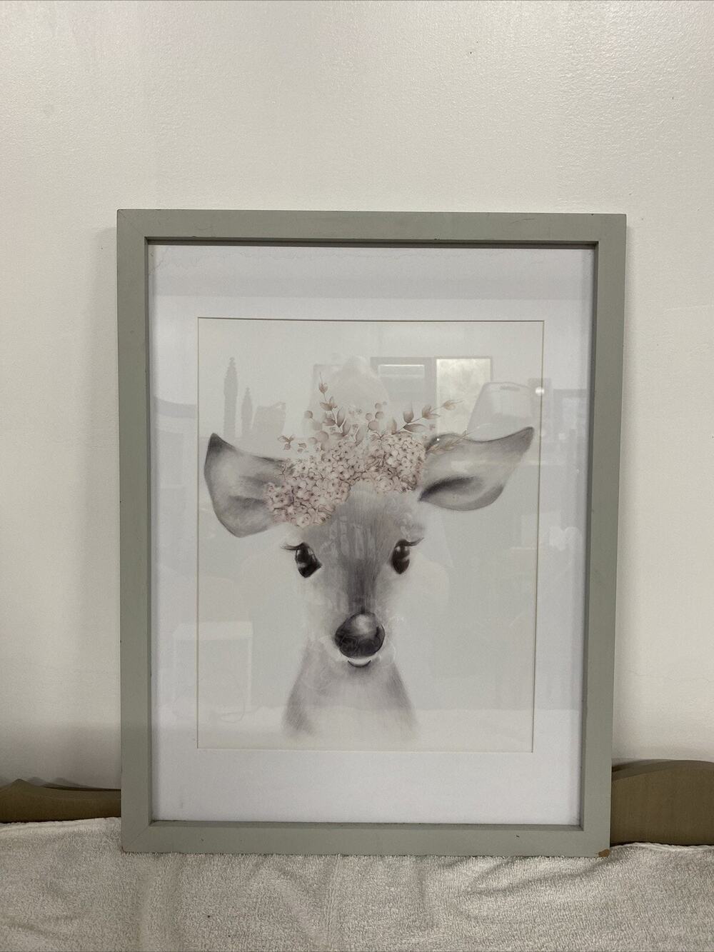 Stupell Industries Sketched Fluffy Deer Flowers, Design by Studio Q White Framed